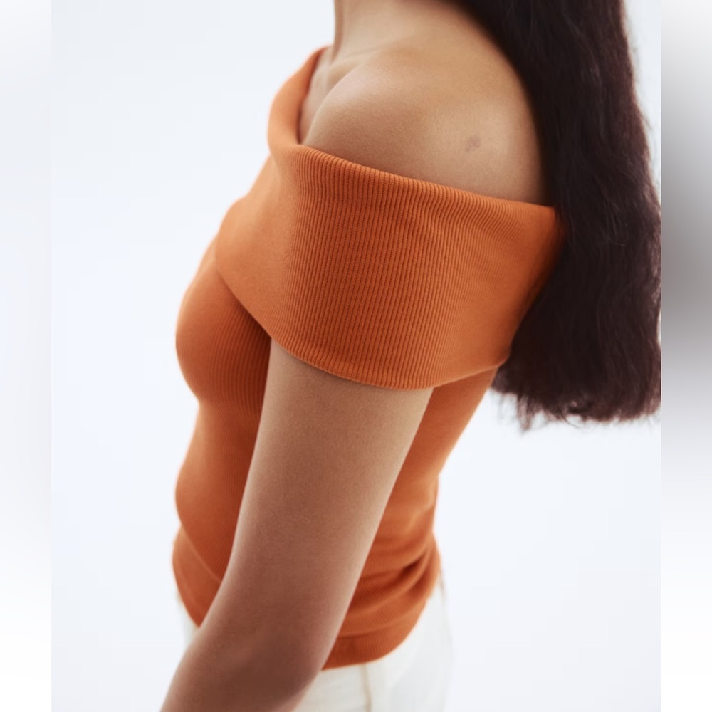 H&M Orange Ribbed Fold Over Off-The-Shoulder Cropped Top Size XL - Picture 2 of 8